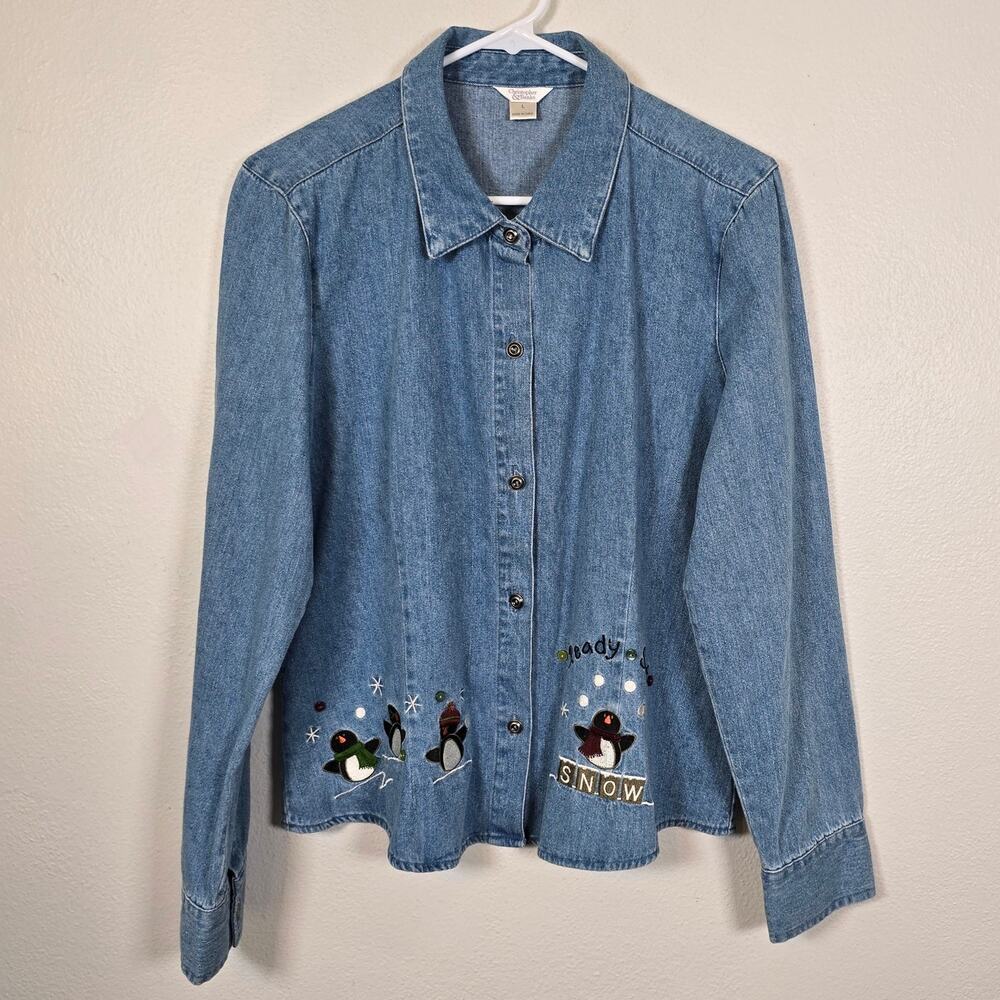 Christopher & Banks Denim Blouse Women's L Light Blue Winter Snow Penguins